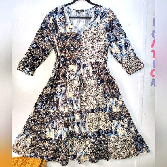 NWOT Suzanne Betro flared midi dress ruffles,pockets,Boho brown paisley, sz XL. - Picture 1 of 16